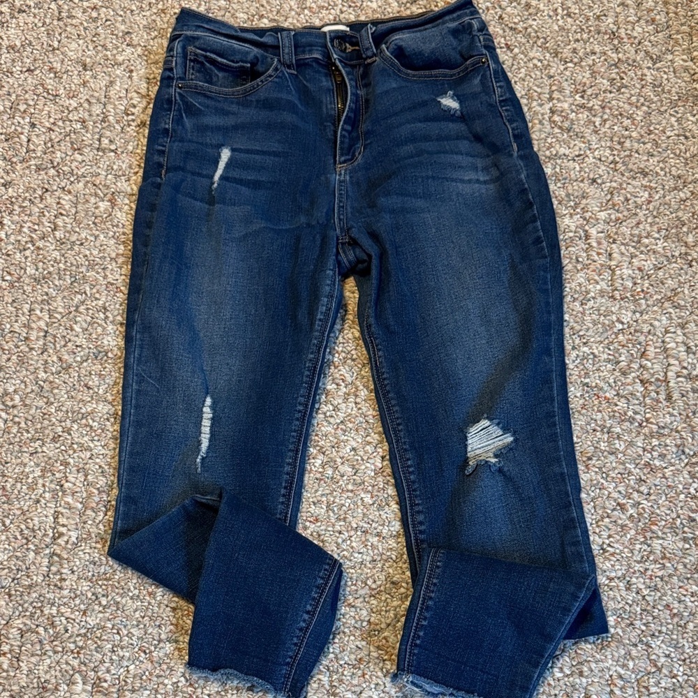 Sneak Peek Dark Blue Distressed Denim high rise Ankle Jeans size 9